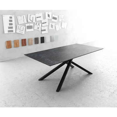 Afbeelding van Eettafel Edge Laminam® keramiek grijs 200x100cm middenvoet kruis zwart