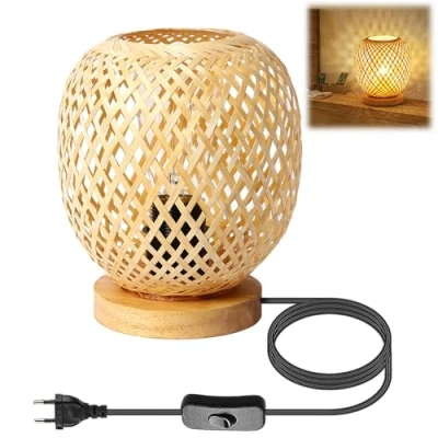 Afbeelding van Bamboe tafellamp E27 vintage bedlamp met stekker en schakelaar leeslamp Handgemaakte geweven lantaarn lampenkap Tafelverlichting 1,8M kabel voor slaapkamer woonkamer studeerkamer