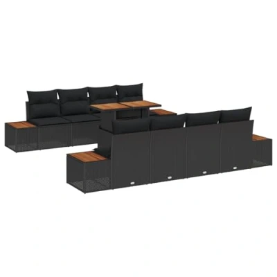 Afbeelding van vidaXL 9 delige tuin eetset met kussens zwart poly rattan