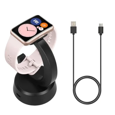 Afbeelding van kwmobile sporthorloge laadstation geschikt voor Huawei Watch Fit / Band 9 8 7 6 3 oplader Smartwatch lader en houder Met magneet 100 cm kabel in zwart