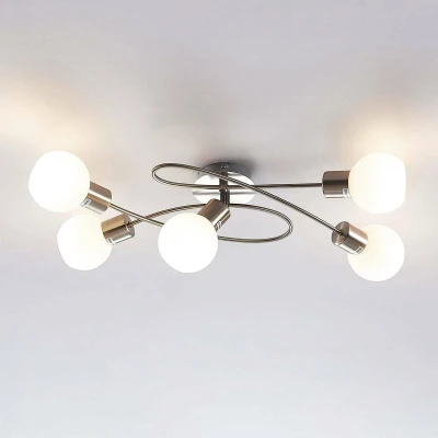 Afbeelding van Lindby plafondlamp 5 lichts metaal, glas H: 15.5 cm E14 mat nikkel, opaalwit