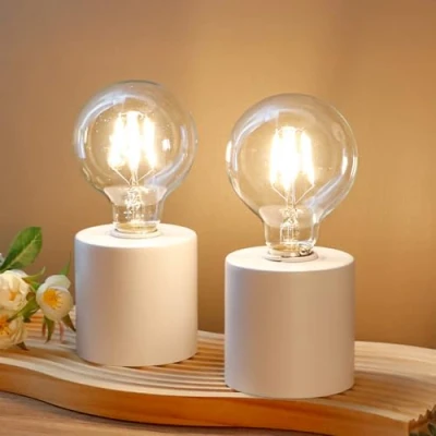 Afbeelding van JHY DESIGN Set van 2 witte tafellampen, werkt op batterijen, 20 cm hoog, draadloze lamp met Edison lamp, perfect voor woonkamer, slaapkamer, bruiloft, feest