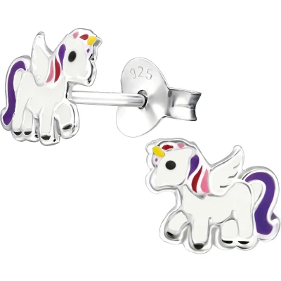 Afbeelding van Fako Bijoux® Kinderoorbellen 925 Zilver Eenhoorn Unicorn 8x7mm Paars