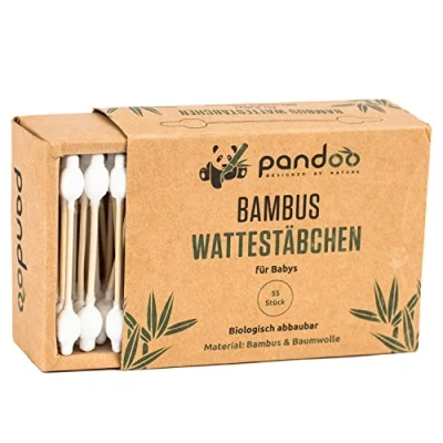 Afbeelding van pandoo Verpakking van 4 bamboe babykatoenen staafjes 100% biologisch afbreekbaar, veganistisch en duurzaam composteerbare premium katoenen wattenstaafjes dozen 55 (220) 7,5 cm