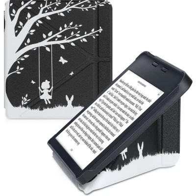 Afbeelding van kwmobile E reader hoesje geschikt voor Kobo Libra 2 hoes Ereader flip case met standaard cover van kunstleer In wit / zwart