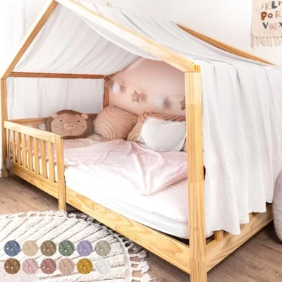 Afbeelding van lilimaus huisbed hemel met gouden applicatie [in 12 kleuren] bedhemel van 100% katoen mousseline stoffen voor decoratie meisjes en jongens kinderbed