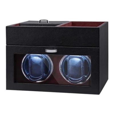 Afbeelding van Mcbazel Multifunctionele horlogewinder voor 2 horloges, automatische horlogeweergave, LED licht, sieradenopbergdoos met stille motor, rotatie in 1 modus, wijnrood