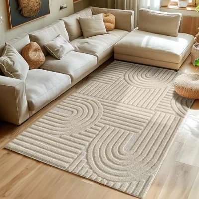 Afbeelding van Hoogpolig vloerkleed voor de woonkamer, keukentapijt, slaapkamer tapijt Scandinavisch en boho met 3D ontwerp, kleur: Beige, maat: 80x250 cm