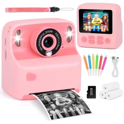 Afbeelding van GuKKK 1080P Instant kindercamera, 6 cm scherm, digitale camera voor kinderen, met 32 GB kaart, 10 rollen printpapier, 5 gekleurde pennen, cadeau (roze)