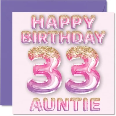 Afbeelding van 33e verjaardagskaart voor tante roze en paarse glitterballonnen gelukkige verjaardagskaarten 33 jarige van neef nichtje, 145 mm x cadeau