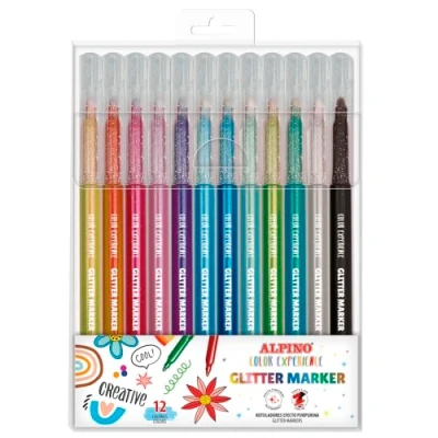 Afbeelding van Alpino etui met 12 glitterstiften, glitterstiften om te schrijven en decoreren, heldere kleuren, 3,3 mm dikke punt, glittereffect