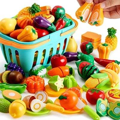 Afbeelding van JOYIN 68 stuks Cutting Play Food Toy voor peuterkeukens, nepvoedsel kinderen om te spelen, inclusief kunststof fruit en groenten, opbergmand, mini borden mes, pretend speelspeelgoed,