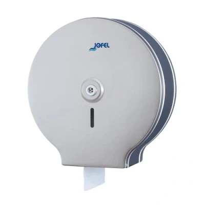 Afbeelding van Jofel Grote industriële toiletpapierhouder, papierdispenser op rollen tot 400 m, max. 260 mm diameter, doorn 18 55 mm, roestvrij staal gesatineerd AISI 201 met 0,8 klassiek AE24300