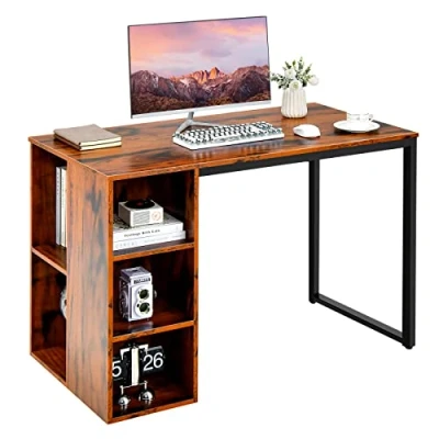 Afbeelding van COSTWAY Bureau met 5 vakken, computertafel metalen frame, moderne werktafel, houten bureautafel, pc tafel, 115 x 59,5 75 cm (rustiek bruin)