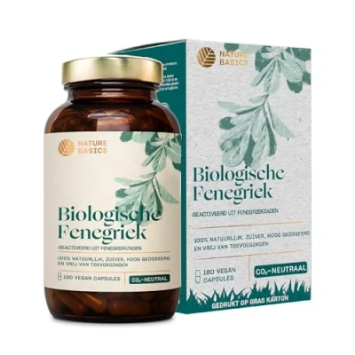 Afbeelding van Nature Basics® BIO Fenegriek capsules geactiveerd Gecertificeerd duurzaam in een potje Natuurlijke hooggedoseerd 2.600mg dagelijkse dosis 180 zonder toevoegingen &amp; uit DE