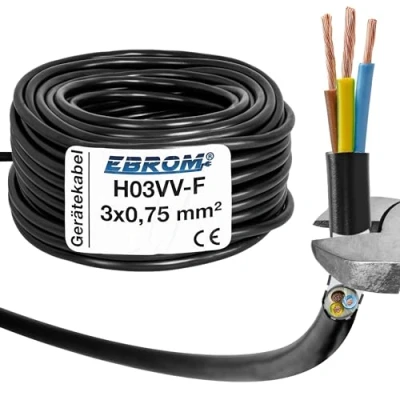 Afbeelding van EBROM Kunststof slangleiding rond, kabel, stroomkabel, toestelkabel H03VV F 3x0,75 mm² kleur: zwart, vele lengtes in stappen van 5 meter tot 200 3G0,75 mm2, uw kabellengte: 10