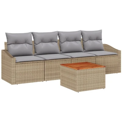 Afbeelding van vidaXL 5 delige tuinset met kussens in beige poly rattan en acacia