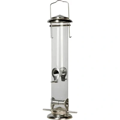 Afbeelding van dobar® 11520 Grote vogelvoederzuil met acrylglazen buis, voederstation voor wilde vogels van staal, vogelvoederdispenser om op te hangen, voer tuin, terras, balkon, Ø 9,5 x 39 cm, zilver