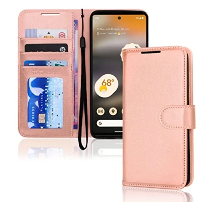 Afbeelding van TECHGEAR Pixel 6a Lederen portemonneehoesje, flip beschermhoesje met portemonnee kaarthouder, standaard en polsband roségoud PU leer magnetische sluiting ontworpen voor Google