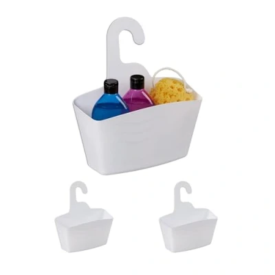 Afbeelding van Relaxdays hangend douchemandje set van 3 hangmand keuken zonder boren shampoo houder wit