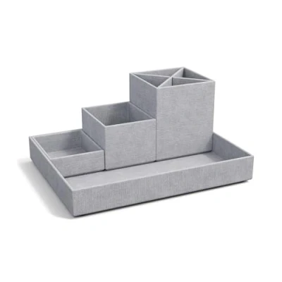 Afbeelding van BIGSO LENA bureau organizer voor pennen, paperclips, sticky notes etc. sorteerdoos met 4 vakken archiefsysteem van hardboard en papier in linnenlook lichtgrijs