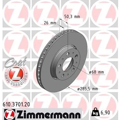 Afbeelding van ZIMMERMANN Remschijf VOLVO: V70 2, S60 I, XC70 I Cross Country COAT Z 286mm 26mm 10/5 5 gat 108mm Buiten geventileerd Gecoat 610.3701.20 272403