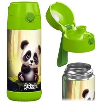 Afbeelding van JARLSON® Mali Drinkfles voor kinderen, roestvrij staal, BPA vrij, lekvrij, kinderfles met Chug deksel, fles school, kleuterschool, panda, 350 ml