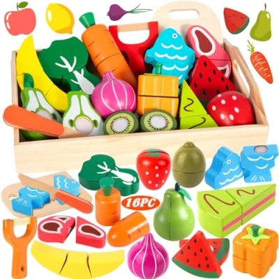 Afbeelding van Vautvis fruit en groenten Houten speelgoed, 16 Accessoires kinderen keuken speelgoed met geschenk 3 jaar