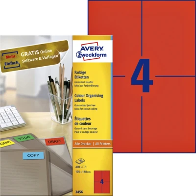 Afbeelding van Etiket Avery Zweckform 3456 105x148mm A6 rood 400stuks
