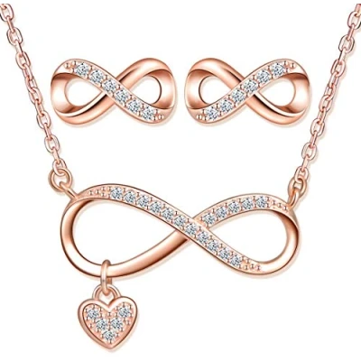 Afbeelding van Yumilok Damesketting voor dames, halsketting met hanger, Infinity, oneindigheidssymbool, hart, 925 Sterling zilver, roségoud, sieradensets vrouwen en meisjes, zilver zirkonia, Zirkonia
