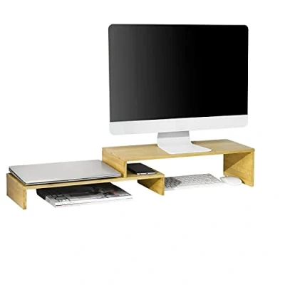 Afbeelding van SoBuy BBF07 N Design Monitorverhoging voor 2 monitoren monitorstandaard beeldschermstandaard notebookstandaard bureauopzetstuk in breedte verstelbaar bamboe BHT ca.: 52 104x15x22cm