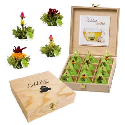 Afbeelding van Creano Teelini theebloemen in kopjesformaat, cadeauset houten theedoos, 12 ErblühTeelini 4 soorten, witte thee, cadeau voor vrouw, moeder, theeliefhebber.