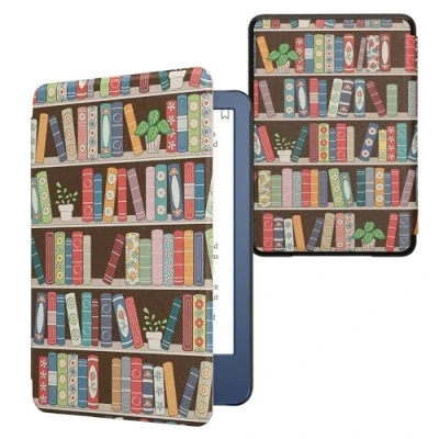Afbeelding van kwmobile E reader hoesje geschikt voor Amazon Kindle (2022/2024) hoes flip case met magnetische sluiting Ereader cover Zomerse bibliotheek design in blauw / groen roze