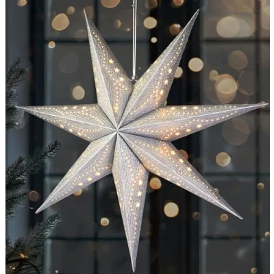 Afbeelding van BRUBAKER 3D Kerstster om op te Hangen LED Papieren Ster met Timer 60 cm Adventster Modern Patroon Werkt Batterijen en Verlicht Kerstdecoratie Lichtster voor Venster Zilver
