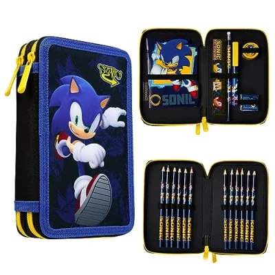 Afbeelding van SONIC THE HEDGEHOG Etui met briefpapier inbegrepen, schoolbenodigdheden, gevuld etui, kleurpotloden jongens geschenken, Blauw, Eén maat,