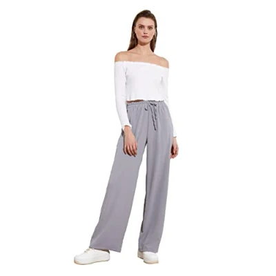 Afbeelding van Trendyol Grijze Geweven Broek Met Elastische Taille En Wijde Pijpen Twoss21Pl0248