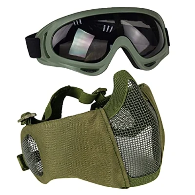 Afbeelding van Aoutacc Airsoft beschermende uitrusting, set met halfgelaatsmaskers oorbescherming en bril voor CS / jacht paintball schietsport, groen