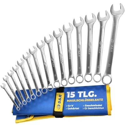 Afbeelding van S&amp;R Ring steeksleutelset 15 delig, professionele moersleutel 6 22 mm, Master serie, Cr V industriestaal, gesmeed, gehard, dubbel verchroomd, gematteerd, ringsteeksleutel in Tetron roltas