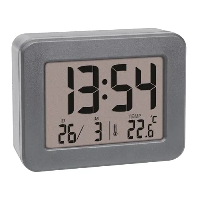 Afbeelding van TFA Dostmann 60.2044.10 Digitale reiswekker, werkt op batterijen, met luid wekalarm, inclusief binnenthermometer, datumweergave, kwartshorloge, klein en compact, grijs