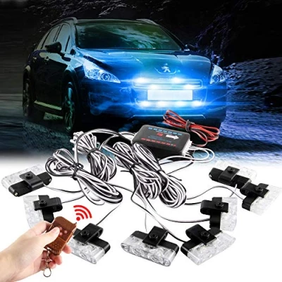 Afbeelding van Sidaqi 8x2LED 8 in 1 afstandsbediening draadloze 12V noodstroboscoop waarschuwingslampje knipperende roosters licht voor auto vrachtwagen DRL ambulance politie (blauw)
