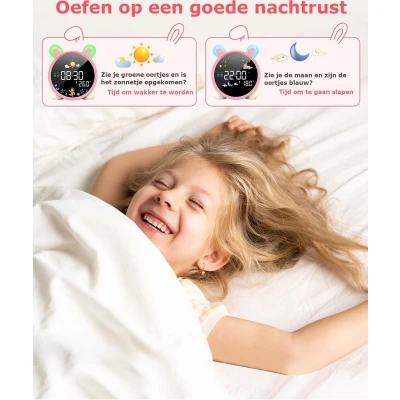 Afbeelding van Slaaptrainer Kinderen met Konijnenoren Kinderwekker en Slaapwekker Nachtlamp Timer Geluidjes Slaaphulp voor Peuters Baby&#039;s