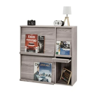 Afbeelding van Iris Ohyama, Opbergkast met 4 vouwdeuren / Houten kast Drop down Kast, Modulair, kantoor, woonkamer, bibliotheek Flap Rack FR F4 Grijs Eiken