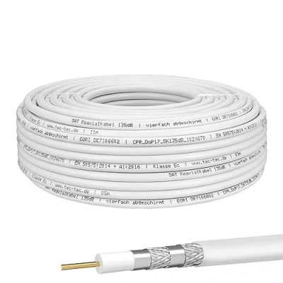 Afbeelding van HB DIGITAL 50m coaxkabel staal koper CCS Ø7mm 135dB SAT 75Ω Ohm satelliet antennekabel 4 voudig afgeschermd voor DVB S/S2 C/C2 T/T2 DAB+ Radio BK installaties, wit