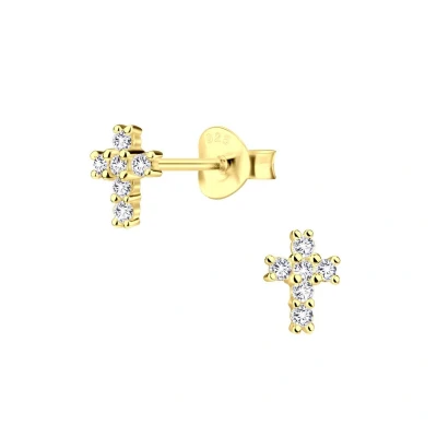 Afbeelding van JoyS Zilveren kruisje oorbellen 5 x 7 mm oorknopjes zirkonia 14k goudplating
