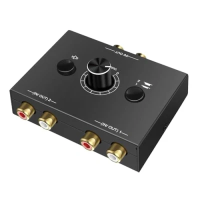 Afbeelding van UNSTINCER Audio Switch RCA L/R 2(1) in 1(2) Out, Analog Stereo Aux Schakelaar Selector Splitter Box voor Phono Hoofdtelefoon Speaker Soundbar PC Luidspreker, met volume control one key mute