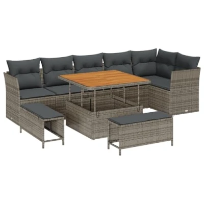 Afbeelding van vidaXL 9 delige tuinsalonset met kussens Grijze Poly Rattan Acacia