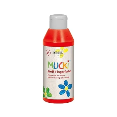 Afbeelding van KREUL 28403 Mucki luminous fabric vingerverf, 250 ml in rood, op waterbasis, vrij van parabenen, glutenvrij, lactosevrij en veganistisch, ideaal voor gebruik met vingers handen