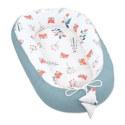 Afbeelding van Babynest babynestje pasgeboren met draaggreep 90 x 50 cm baby nestje draagbaar nest voor bed kinderen knuffelnest cocon jongens en meisjes Vos Salie