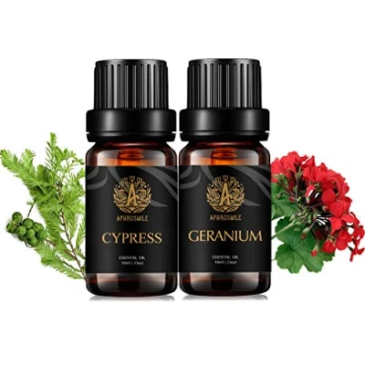 Afbeelding van Aromatherapie geranium etherische olie set voor diffuser, 100% pure cipres kit, 2 x 10 ml therapeutische klasse cipresolie thuis, zuivere geraniumolie kaars en zeep maken