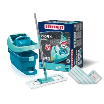Afbeelding van Leifheit set ruitenwisserpers Profi XL met vloerwisser en wielen incl. reserve overtrek micro duo van microvezel, absorberend sterk reinigend, voor poetsen zonder bukken kliksysteem